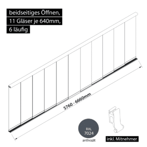 Glasschiebewand 6 läufig 11 Gläser je 640mm mit Mitnehmern für die Gläser beidseitig öffenbar in anthrazit/graphitgrau RAL 7024