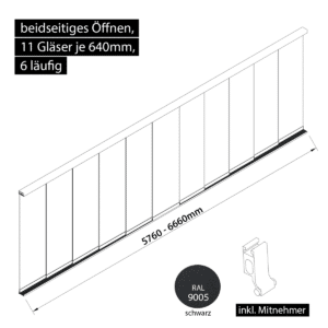 Glasschiebewand 6 läufig 11 Gläser je 640mm mit Mitnehmern für die Gläser beidseitig öffenbar in schwarz RAL 9005