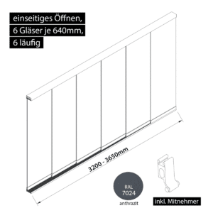 Glasschiebewand 6 läufig 6 Gläser je 640mm mit Mitnehmern für die Gläser einseitig öffenbar in anthrazit/graphitgrau RAL 7024