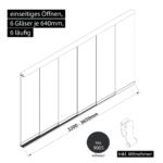 Glasschiebewand 6 läufig 6 Gläser je 640mm mit Mitnehmern für die Gläser einseitig öffenbar in schwarz RAL 9005