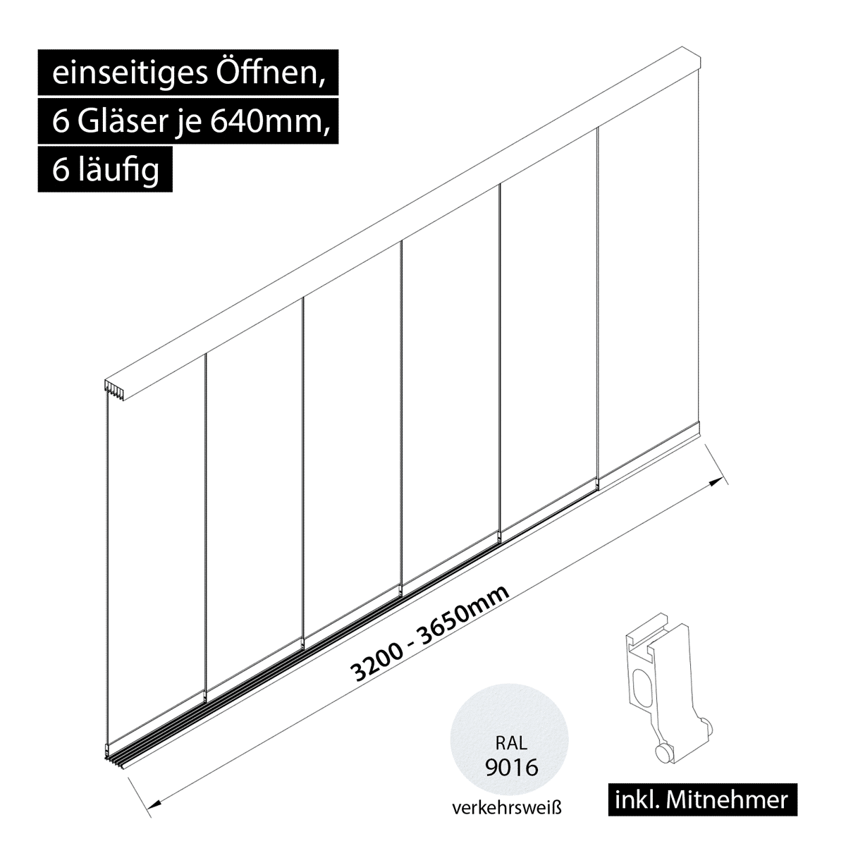 Glasschiebewand 6 läufig 6 Gläser je 640mm mit Mitnehmern für die Gläser einseitig öffenbar in verkehrsweiß RAL 9016