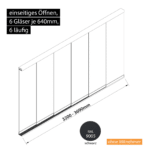 Glasschiebewand 6 läufig 6 Gläser je 640mm einseitig öffenbar in schwarz RAL 9005