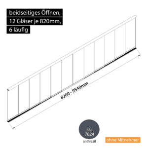 Glasschiebewand 6 läufig 12 Gläser je 820mm beidseitig öffenbar in anthrazit/graphitgrau RAL 7024