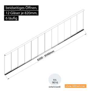 Glasschiebewand 6 läufig 12 Gläser je 820mm beidseitig öffenbar in verkehrsweiß RAL 9016