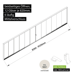 Glasschiebewand versperrbar 6 läufig 12 Gläser je 820mm mit Mitnehmern für die Gläser und Schloss beidseitig öffenbar in cremeweiß RAL 9001