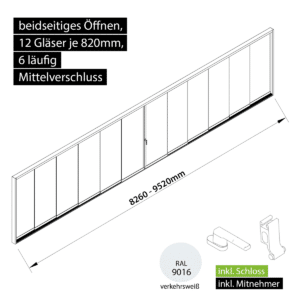 Glasschiebewand versperrbar 6 läufig 12 Gläser je 820mm mit Mitnehmern für die Gläser und Schloss beidseitig öffenbar in verkehrsweiß RAL 9016