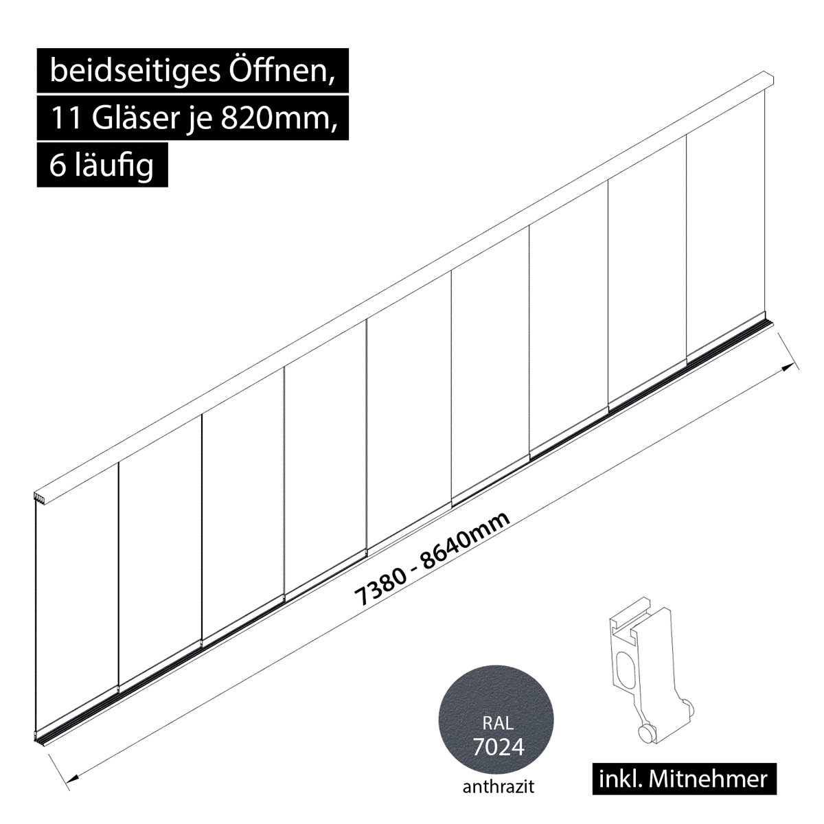 Glasschiebewand 6 läufig 11 Gläser je 820mm mit Mitnehmern für die Gläser beidseitig öffenbar in anthrazit/graphitgrau RAL 7024