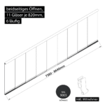 Glasschiebewand 6 läufig 11 Gläser je 820mm mit Mitnehmern für die Gläser beidseitig öffenbar in schwarz RAL 9005