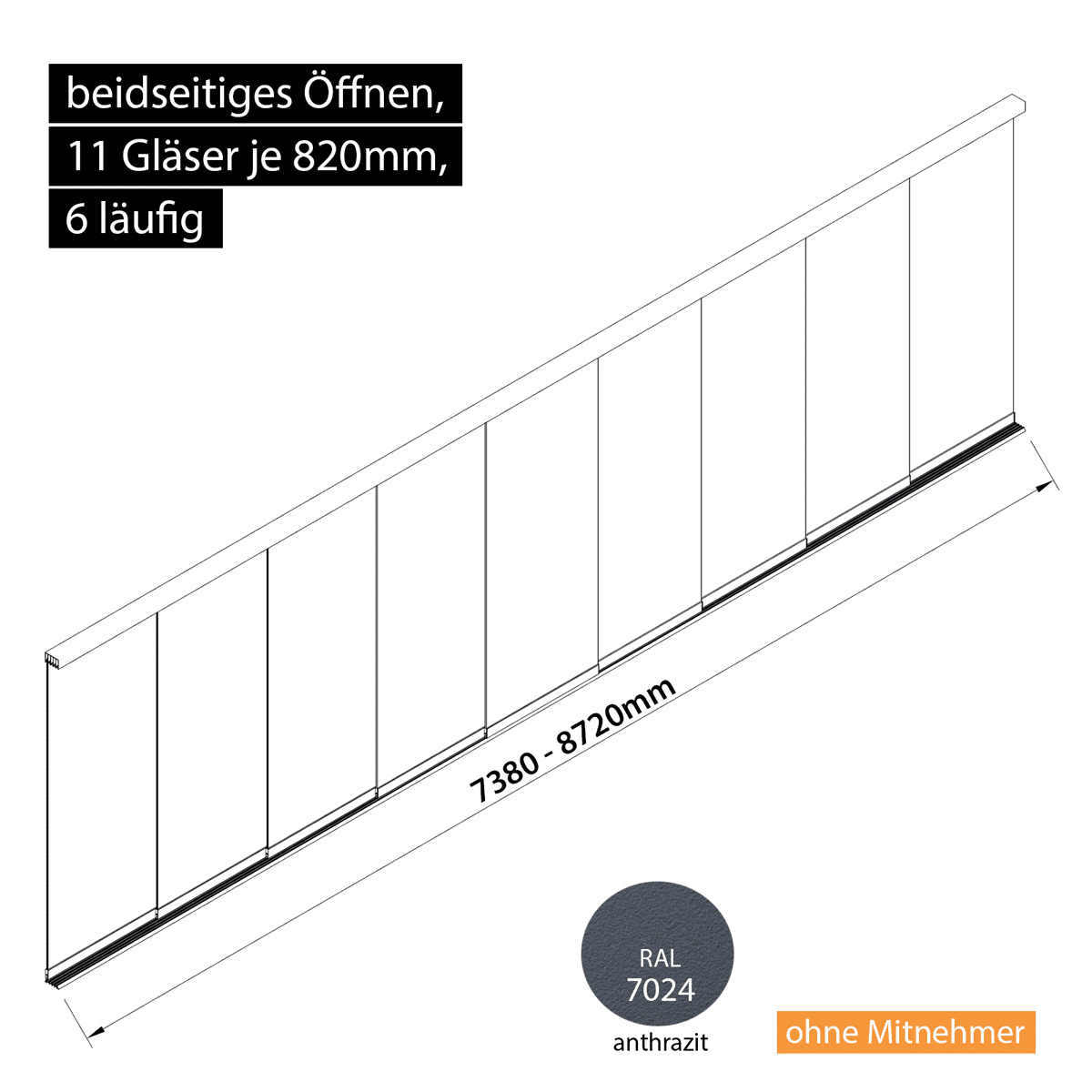 Glasschiebewand 6 läufig 11 Gläser je 820mm beidseitig öffenbar in anthrazit/graphitgrau RAL 7024