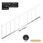 Glasschiebewand 6 läufig 11 Gläser je 820mm beidseitig öffenbar in schwarz RAL 9005