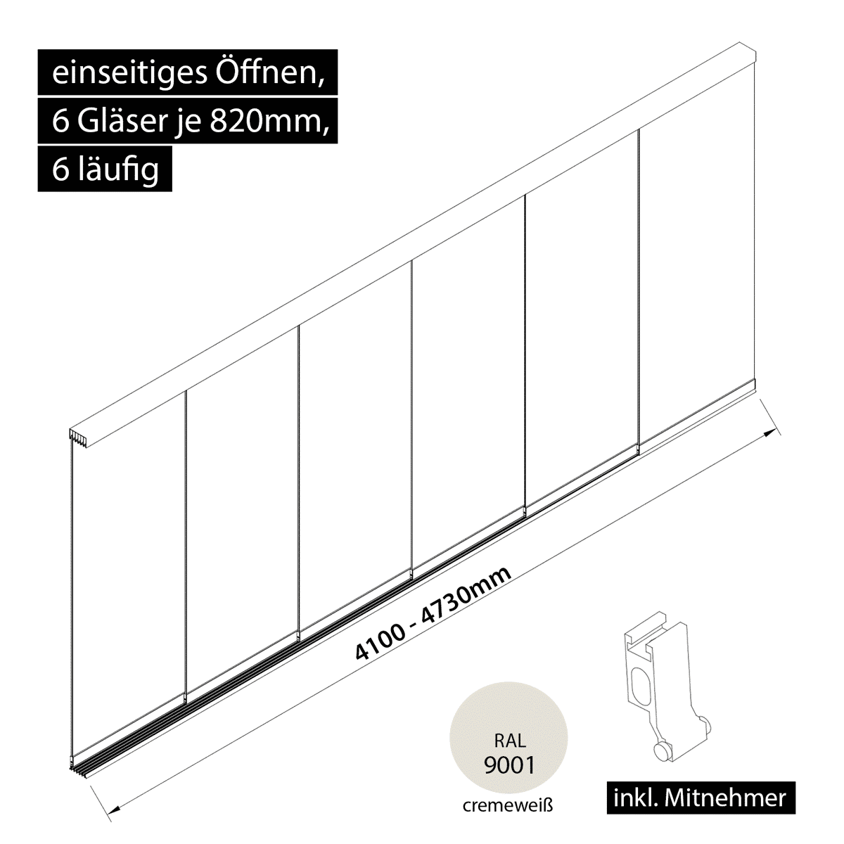 Glasschiebewand 6 läufig 6 Gläser je 820mm mit Mitnehmern für die Gläser einseitig öffenbar in cremeweiß RAL 9001