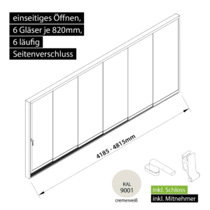 Glasschiebewand versperrbar 6 läufig 6 Gläser je 820mm mit Mitnehmern für die Gläser und Schloss einseitig öffenbar in cremeweiß RAL 9001