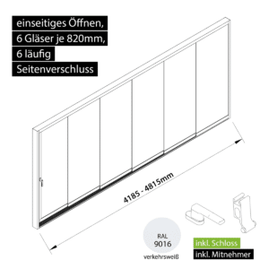 Glasschiebewand versperrbar 6 läufig 6 Gläser je 820mm mit Mitnehmern für die Gläser und Schloss einseitig öffenbar in verkehrsweiß RAL 9016