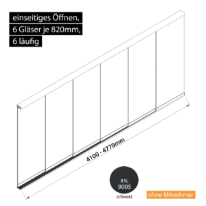 Glasschiebewand 6 läufig 6 Gläser je 820mm einseitig öffenbar in schwarz RAL 9005