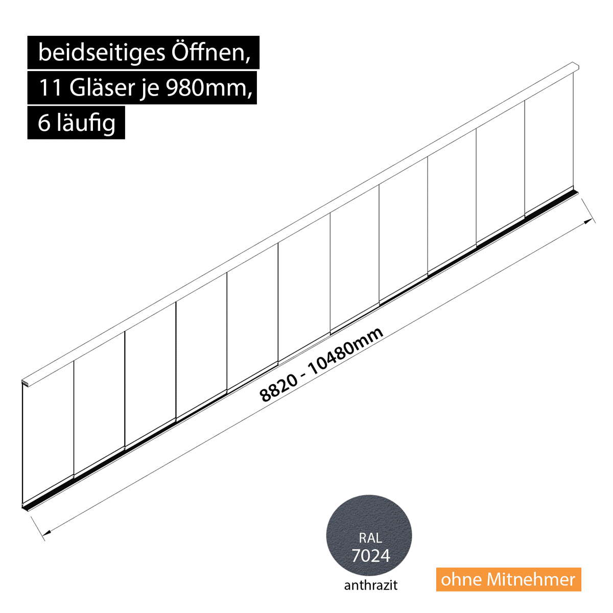 Glasschiebewand 6 läufig 11 Gläser je 980mm beidseitig öffenbar in anthrazit/graphitgrau RAL 7024