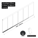 Glasschiebewand 6 läufig 6 Gläser je 980mm mit Mitnehmern für die Gläser einseitig öffenbar in schwarz RAL 9005