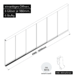 Glasschiebewand 6 läufig 6 Gläser je 980mm mit Mitnehmern für die Gläser einseitig öffenbar in verkehrsweiß RAL 9016