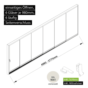 Glasschiebewand versperrbar 6 läufig 6 Gläser je 980mm mit Mitnehmern für die Gläser und Schloss einseitig öffenbar in cremeweiß RAL 9001