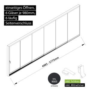 Glasschiebewand versperrbar 6 läufig 6 Gläser je 980mm mit Mitnehmern für die Gläser und Schloss einseitig öffenbar in schwarz RAL 9005