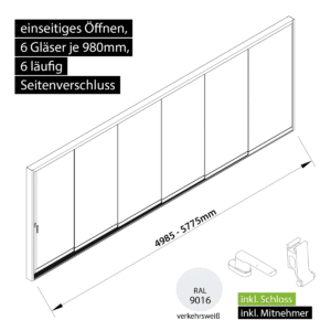 Glasschiebewand versperrbar 6 läufig 6 Gläser je 980mm mit Mitnehmern für die Gläser und Schloss einseitig öffenbar in verkehrsweiß RAL 9016