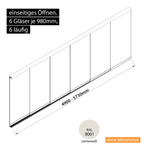 Glasschiebewand 6 läufig 6 Gläser je 980mm einseitig öffenbar in cremeweiß RAL 9001