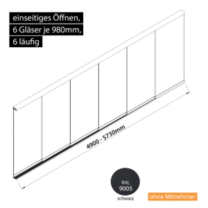 Glasschiebewand 6 läufig 6 Gläser je 980mm einseitig öffenbar in schwarz RAL 9005