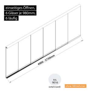 Glasschiebewand 6 läufig 6 Gläser je 980mm einseitig öffenbar in verkehrsweiß RAL 9016