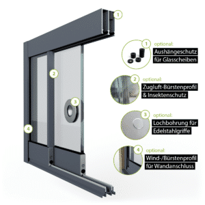 Glasschiebewand Setübersicht mit Zugluft-Bürstenprofil, Griffbohrung, Bürstenprofil zum Seitenabschluss und Bodenprofil 2 spurig in anthrazit/graphitgrau RAL 7024