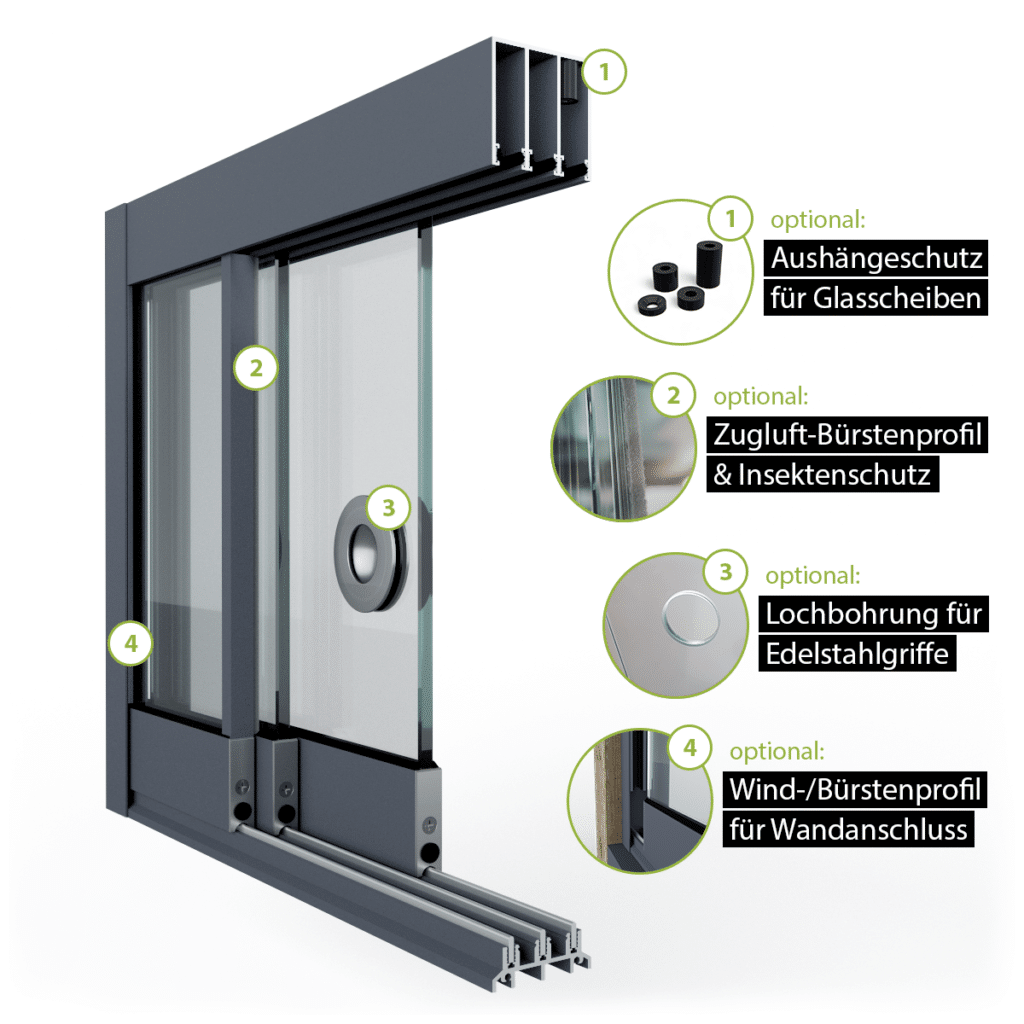 Glasschiebewand Setübersicht mit Zugluft-Bürstenprofil, Griffbohrung, Bürstenprofil zum Seitenabschluss und Bodenprofil 3 spurig in anthrazit/graphitgrau RAL 7024