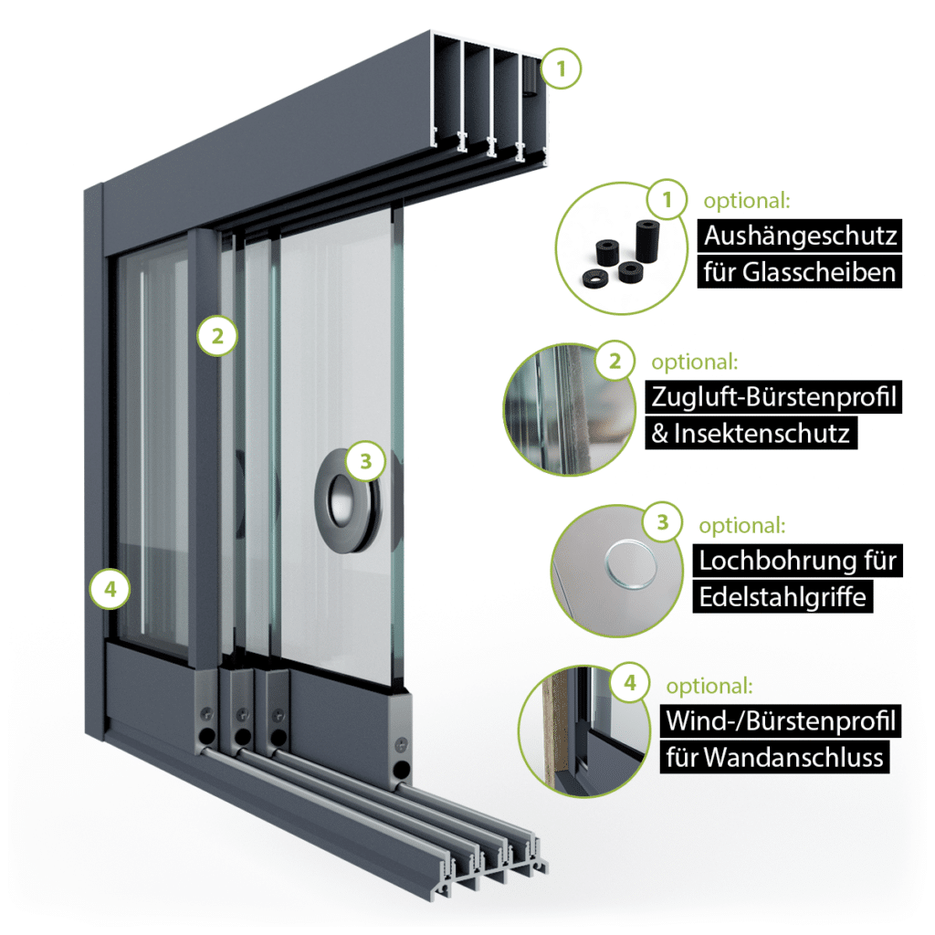 Glasschiebewand Setübersicht mit Zugluft-Bürstenprofil, Griffbohrung, Bürstenprofil zum Seitenabschluss und Bodenprofil 4 spurig in anthrazit/graphitgrau RAL 7024