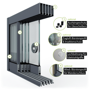 Glasschiebewand Setübersicht mit Zugluft-Bürstenprofil, Griffbohrung, Bürstenprofil zum Seitenabschluss und Bodenprofil 5 spurig in anthrazit/graphitgrau RAL 7024