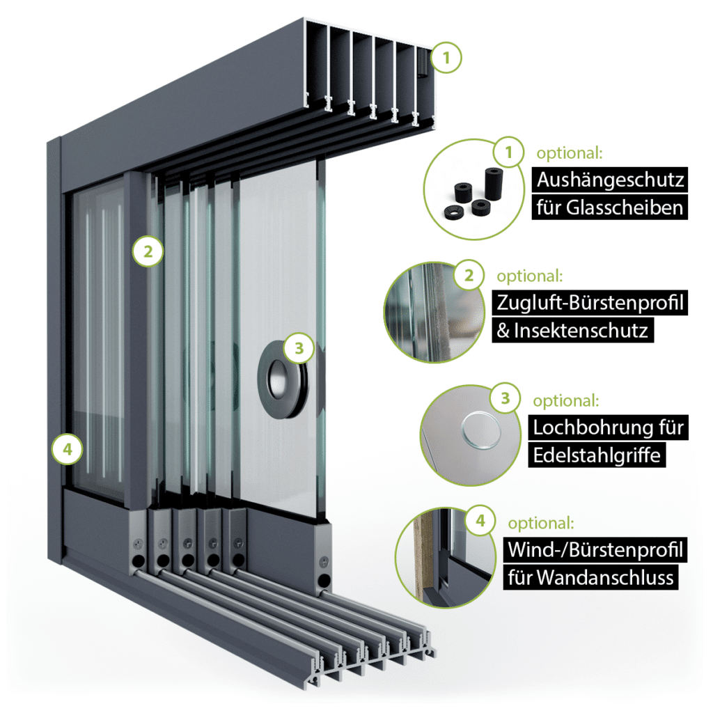 Glasschiebewand Setübersicht mit Zugluft-Bürstenprofil, Griffbohrung, Bürstenprofil zum Seitenabschluss und Bodenprofil 6 spurig in anthrazit/graphitgrau RAL 7024