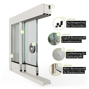Glasschiebewand Setübersicht mit Zugluft-Bürstenprofil, Griffbohrung, Bürstenprofil zum Seitenabschluss und Bodenprofil 3 spurig in cremeweiß RAL 9001