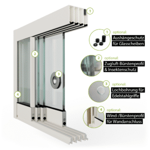 Glasschiebewand Setübersicht mit Zugluft-Bürstenprofil, Griffbohrung, Bürstenprofil zum Seitenabschluss und Bodenprofil 4 spurig in cremeweiß RAL 9001