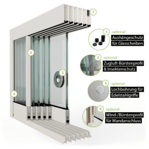 Glasschiebewand Setübersicht mit Zugluft-Bürstenprofil, Griffbohrung, Bürstenprofil zum Seitenabschluss und Bodenprofil 6 spurig in cremeweiß RAL 9001
