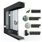 Glasschiebewand Setübersicht mit Zugluft-Bürstenprofil, Griffbohrung, Bürstenprofil zum Seitenabschluss und Bodenprofil 4 spurig in schwarz RAL 9005