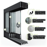 Glasschiebewand Setübersicht mit Zugluft-Bürstenprofil, Griffbohrung, Bürstenprofil zum Seitenabschluss und Bodenprofil 5 spurig in schwarz RAL 9005
