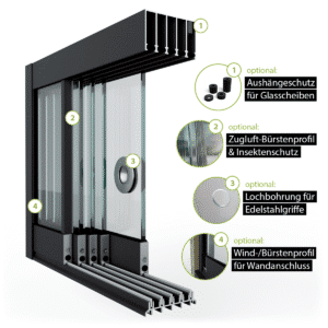 Glasschiebewand Setübersicht mit Zugluft-Bürstenprofil, Griffbohrung, Bürstenprofil zum Seitenabschluss und Bodenprofil 5 spurig in schwarz RAL 9005