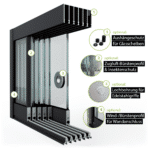 Glasschiebewand Setübersicht mit Zugluft-Bürstenprofil, Griffbohrung, Bürstenprofil zum Seitenabschluss und Bodenprofil 6 spurig in schwarz RAL 9005