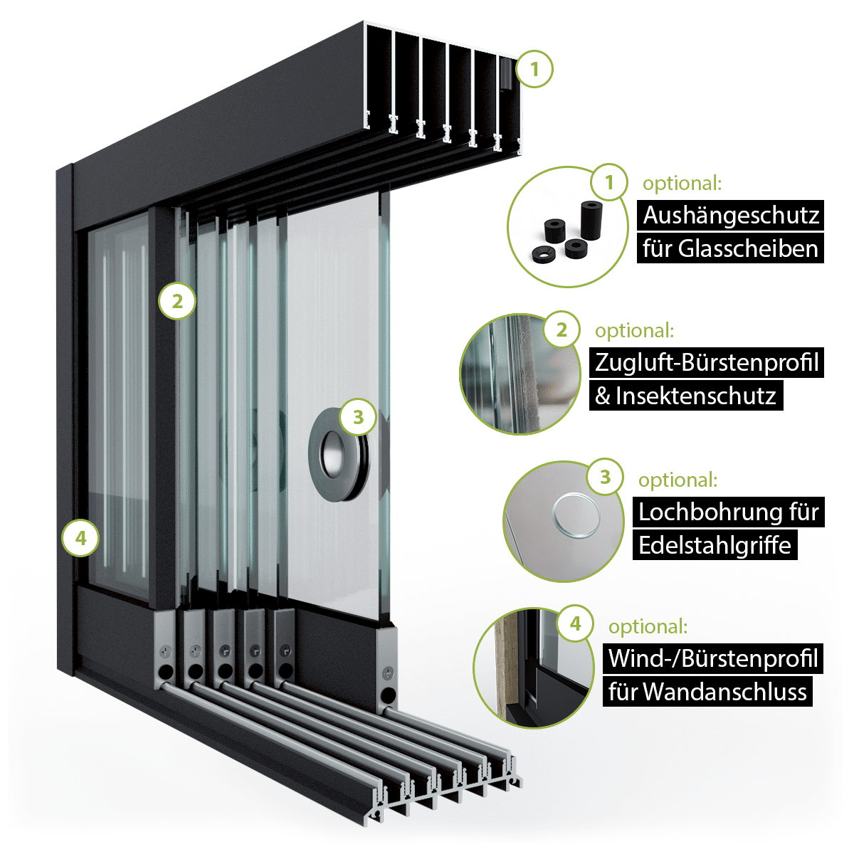 Glasschiebewand Setübersicht mit Zugluft-Bürstenprofil, Griffbohrung, Bürstenprofil zum Seitenabschluss und Bodenprofil 6 spurig in schwarz RAL 9005