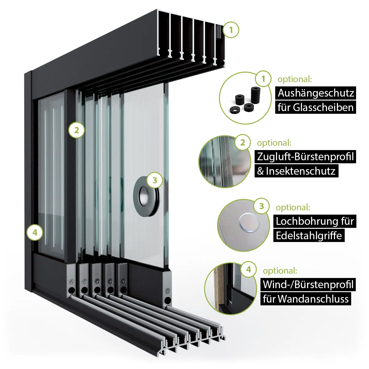 Glasschiebewand Setübersicht mit Zugluft-Bürstenprofil, Griffbohrung, Bürstenprofil zum Seitenabschluss und Bodenprofil 6 spurig in schwarz RAL 9005