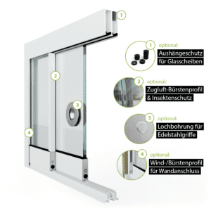 Glasschiebewand Setübersicht mit Zugluft-Bürstenprofil, Griffbohrung, Bürstenprofil zum Seitenabschluss und Bodenprofil 2 spurig in verkehrsweiß RAL 9016