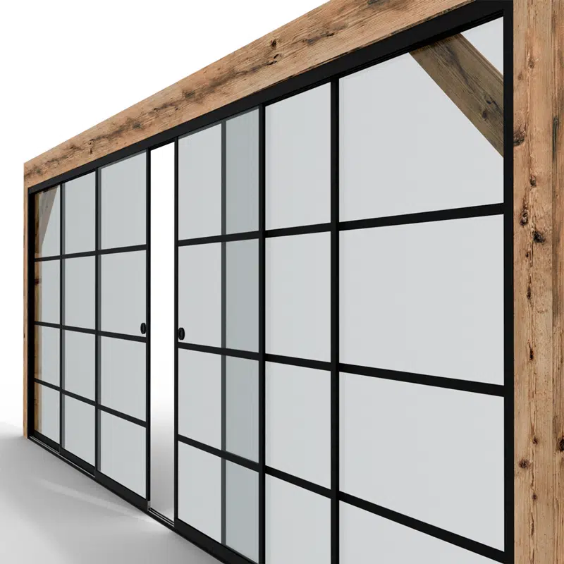 Glasschiebewand mit Steel-Look Detailgrafik