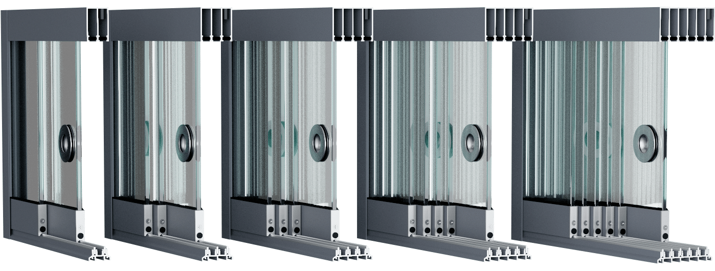 Glasschiebewand System-Uebersicht 2 bis 6 spurig in anthrazit