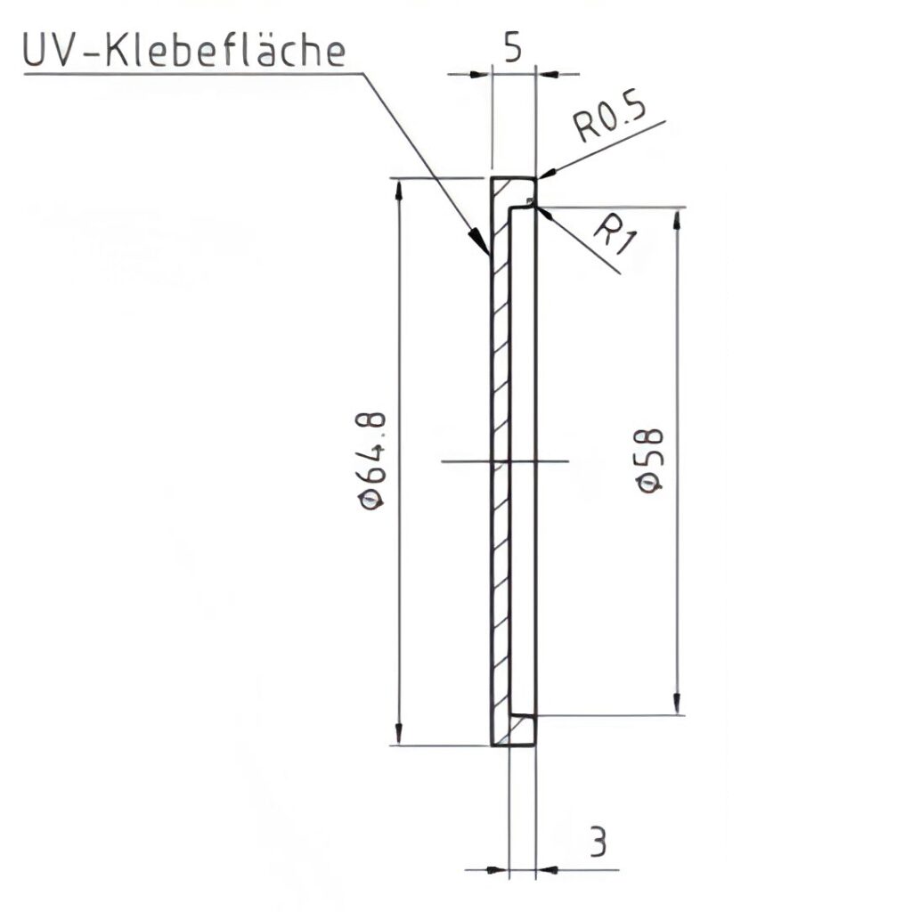 Technische Skizze der Klebehandgriffe rund in Edelstahl