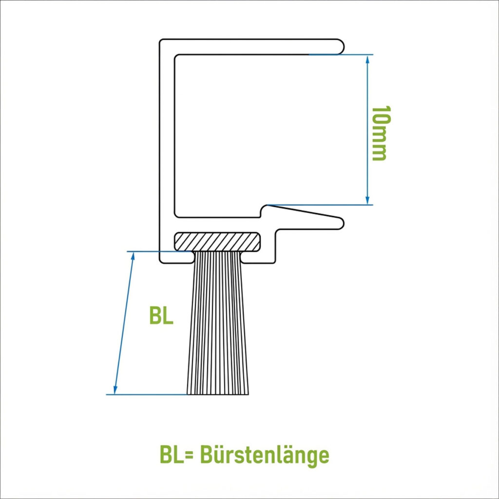 Technische Skizze eines Bürstenprofils für 10mm Glasschiebewände Bürstenlänge 8mm
