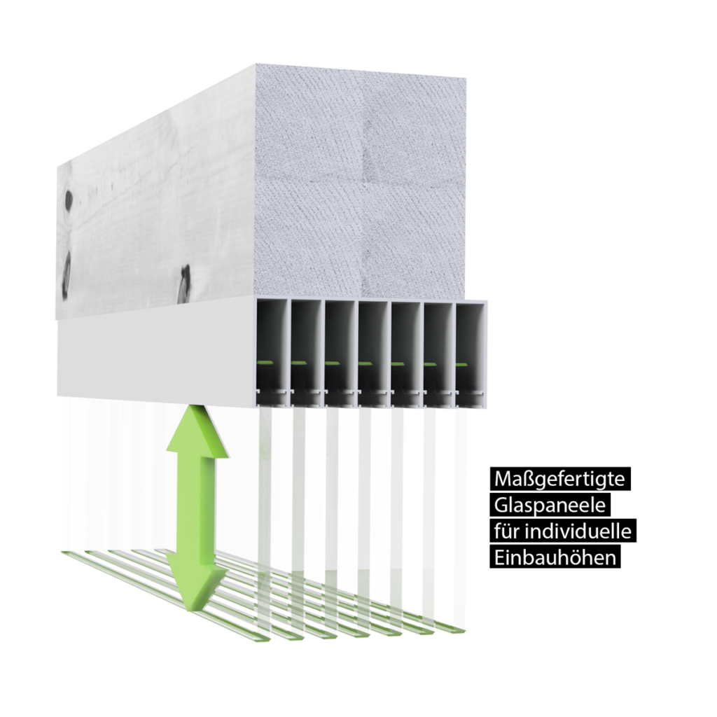 Maßgefertigte Glashöhe Die Umsetzung mit maßgefertigten Gläsern ersetzt zusätzliche Aluprofile und bietet das größte Maß an Freiheit.