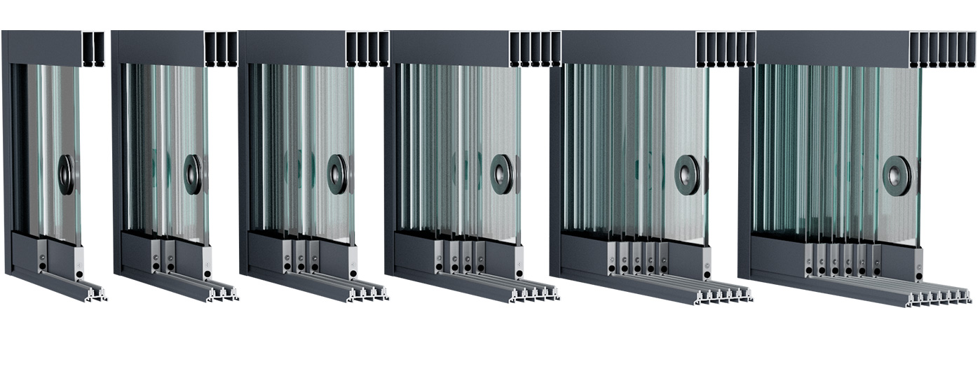 Glasschiebewand System-Uebersicht 2 bis 7 spurig in anthrazit