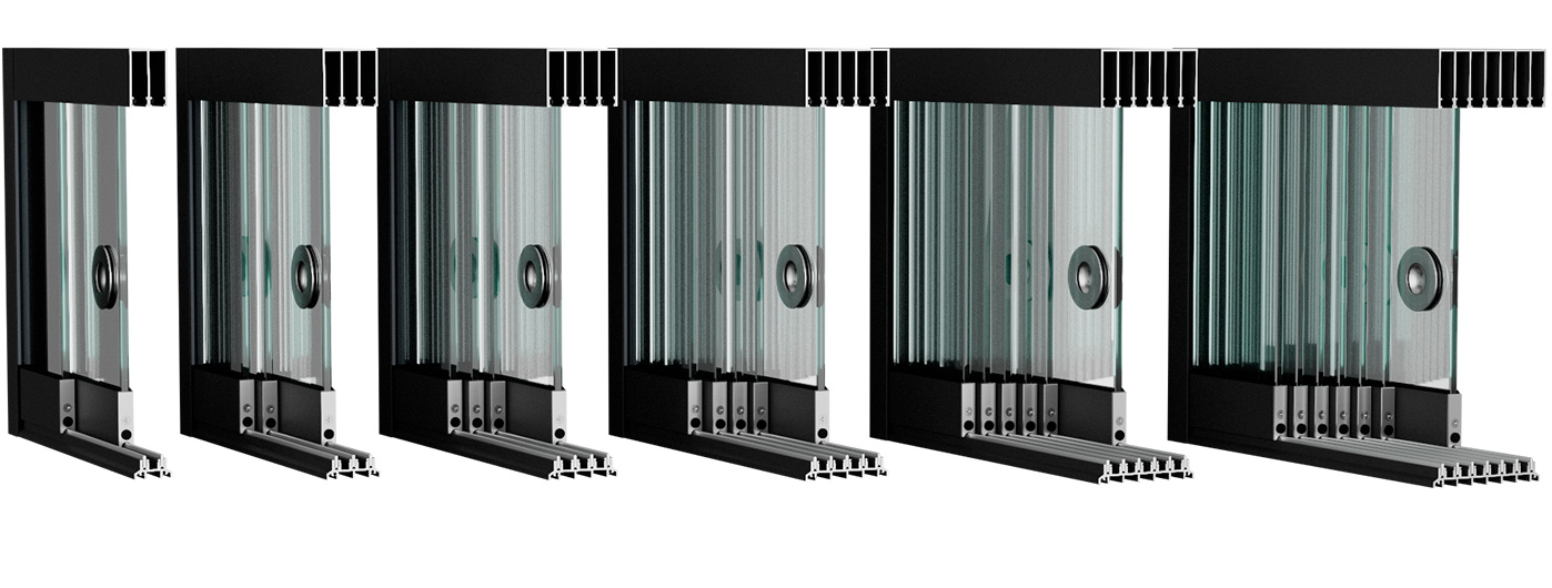 Glasschiebewand System-Uebersicht 2 bis 7 spurig in schwarz