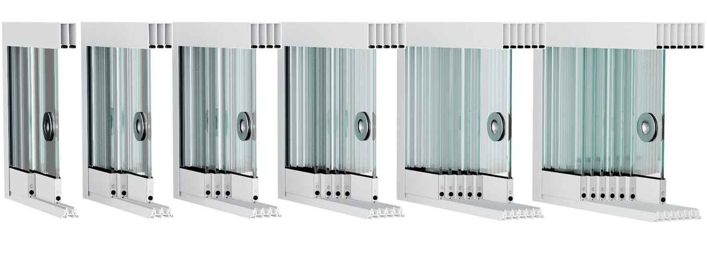 Glasschiebewand System-Uebersicht 2 bis 7 spurig in verkehrsweiß